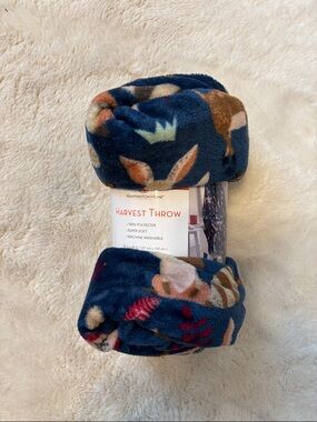 Huntington Home Navy Plush Throw with Autumn Leaf Accents